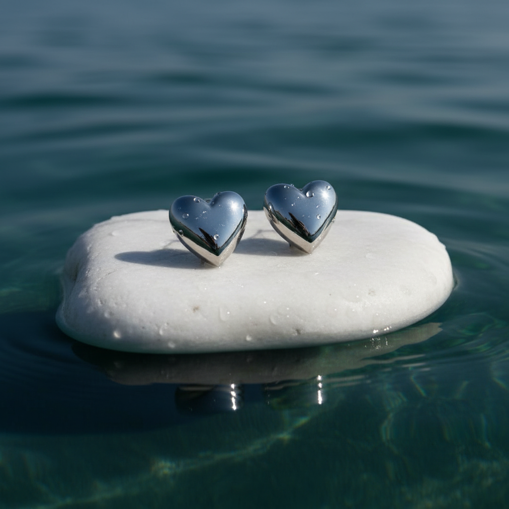 Heart-shaped silver earrings on a white stone with water in the background