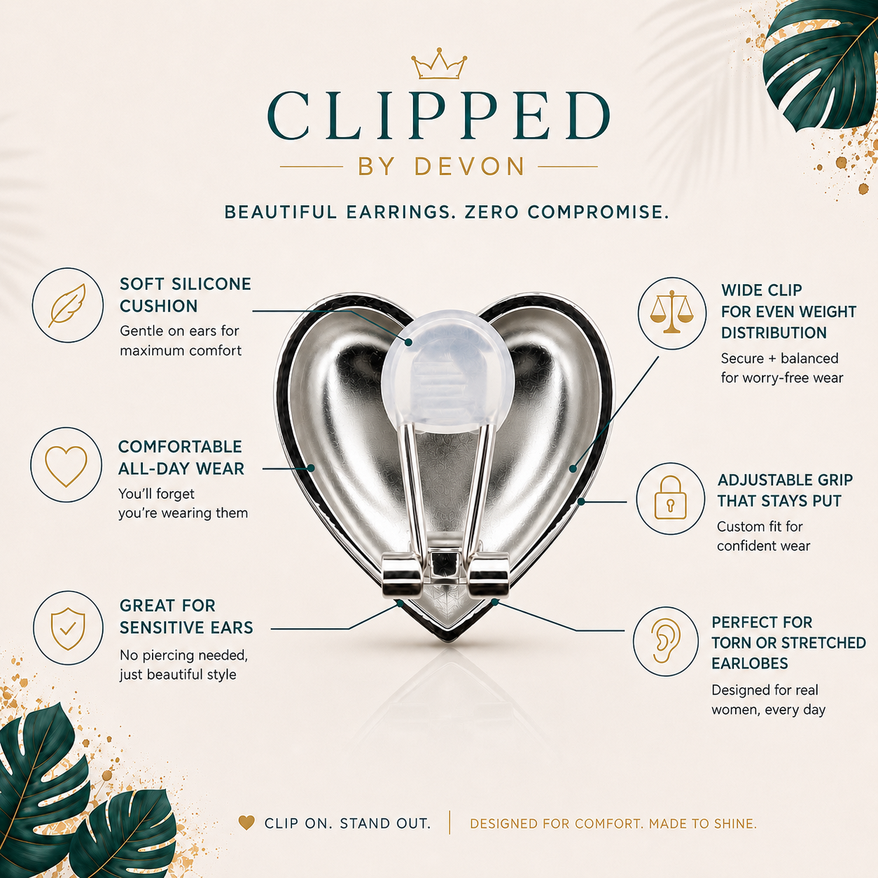 Silver heart clip-on earring backside with soft silicone cushion, wide omega clip, adjustable grip, and comfort benefits for sensitive, torn, stretched, or unpierced ears.